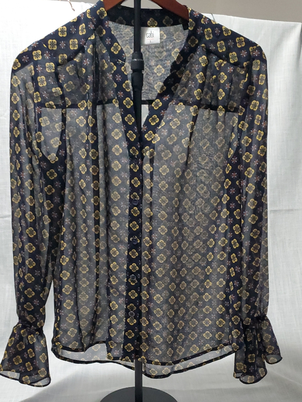 CAbi Navy Sheer Blouse with Yellow Floral Motif